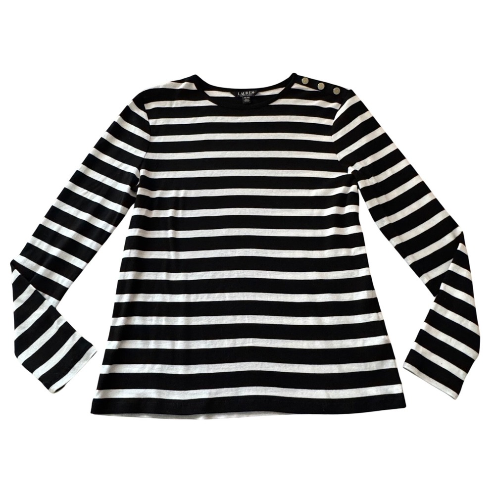Lauren‎ Ralph Lauren Women XL TG Striped Long Sleeve Boat Neck Gold Buttons